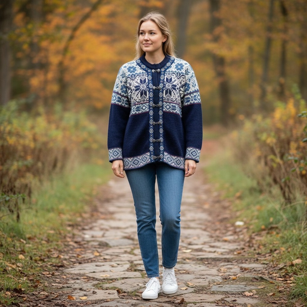 Icewear Nordic Wool Cardigan Sweater Navy Blue Fair Isle Metal Clasp Womens M